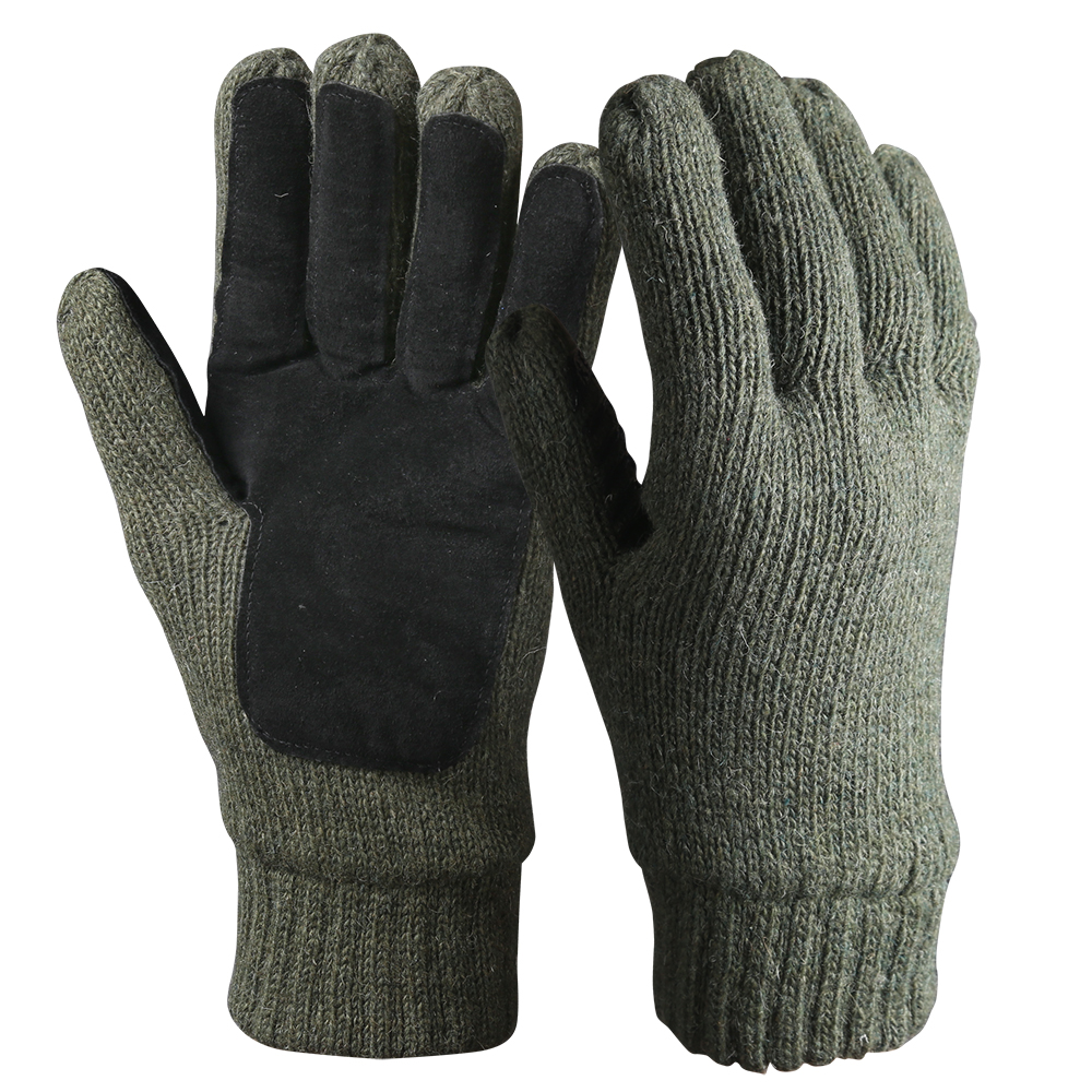 Military Green Leather Grip Palm Ragg Wool Insulated Knitted Thermal Work Gloves