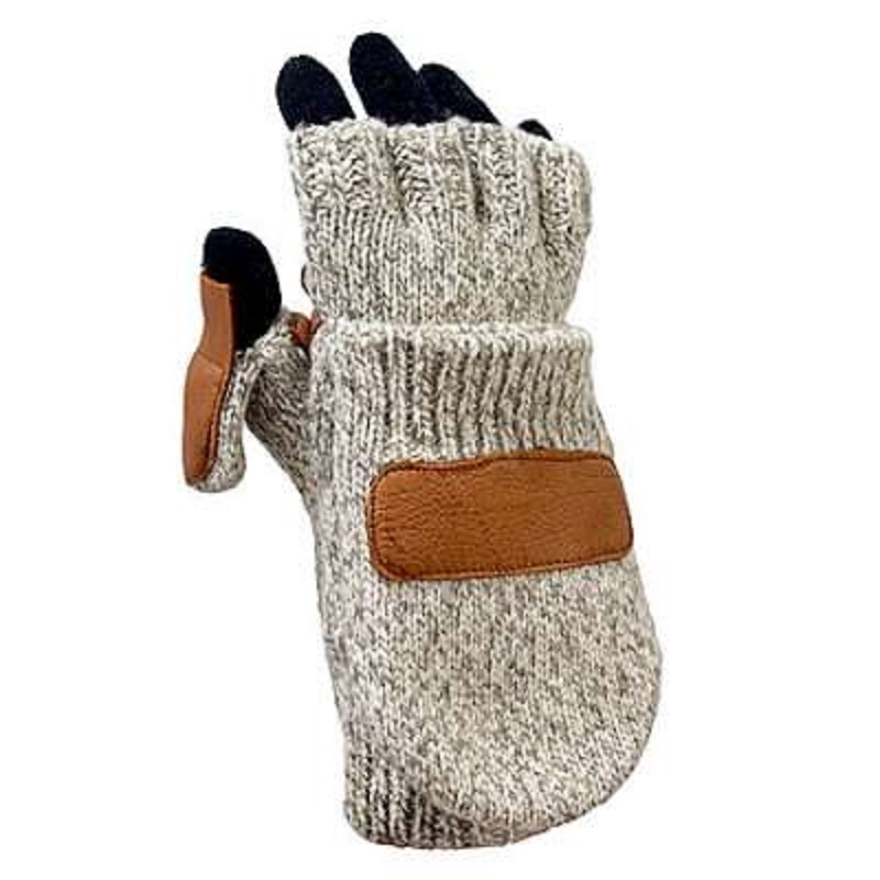 Deerskin Leather Palm Ragg Wool Fingerless Mitten Glove With Cap Over ...